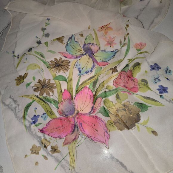 Vintage Floral Sheer Silk Scarf With Hand-Painted Orchid Design in Japan 16"x44" - Picture 7 of 15